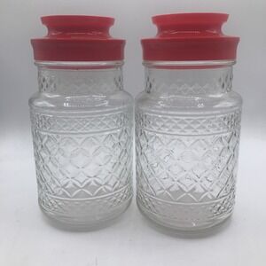 ANCHOR HOCKING GLASS JARS‎ WEXFORD DIAMOND PATTERN RED PLASTIC LID ONE  1 JAR